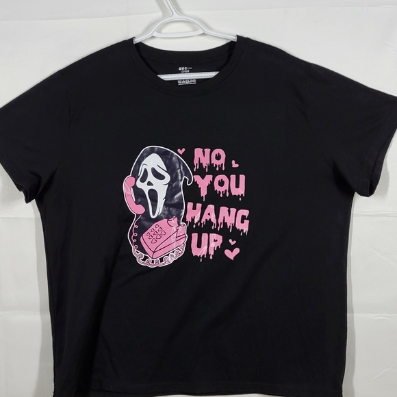 SHEIN Tops - SHEIN Black Short Sleeve Tee with Pink Ghostface Phone "NO YOU HAND UP " Graphic